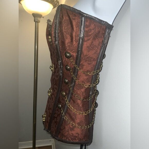 Mahogany Damask Steampunk Over-Bust Corset Top w/ Gold Accents Sz S/M - Picture 10 of 16
